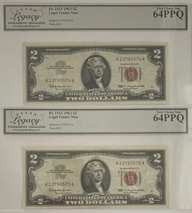 LOTE De Billetes De 2 Dólares AÑO 1963 Consecutivos. Legacy 64 PPQ. - Picture 1 of 2