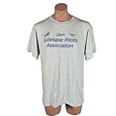 Vintage 80s GILLESPIE PILOTS ASSOCIATION grey SS Crewneck T-shirt XL USA MADE - Image 1 of 4