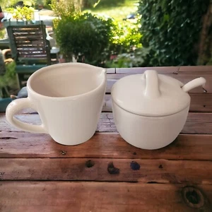 Pottery Barn Sausalito Creamer & Sugar Bowl Set With Spoon Off White Stoneware  - Picture 1 of 16