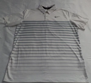 Nike Dri-Fit Golf Polo Shirt M Men's White Gray Striped Poly Spandex Shirt - Picture 1 of 11