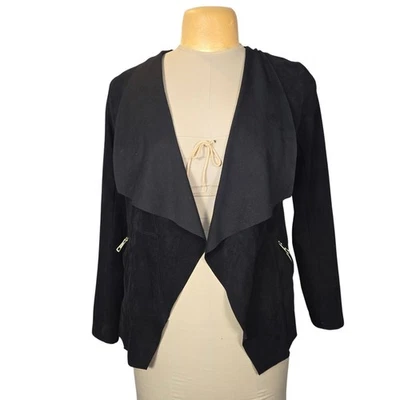 Blazer Adrienne Vittadini Mujer S Negro Imitación Gamuza Cascada Cortina Frente Abierto Foto 1 de 4