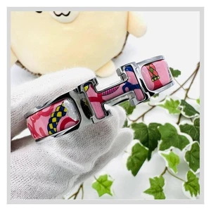 HERMES Click Crack H Logo Bracelet Bangle Silver Pink Multicolor Metal Designer - Picture 1 of 24