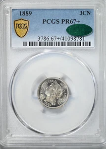 1889 Proof Three Cent Nickel Piece 3CN PCGS PR67+ CAC - Picture 1 of 6
