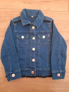 New Girls Indigo Denim Long Sleeve Jacket - Embroidered Daisy Trim Age 2-3 Years - Picture 1 of 5
