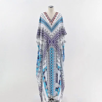 Rococo Sand Silk Kimono Maxi Dress Size M Beaded Hooded Blue Tribal Resortwear - Image 1 of 4