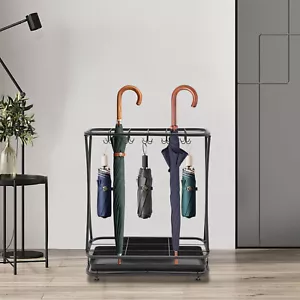 Metal Umbrella Holder Stand Rack Organizer + Drip Tray (18 Slots 20 Hooks) Black - Picture 1 of 23