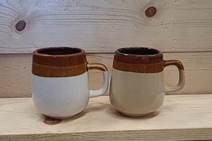 Set of 2 1 White & 1 Brown Glazed Stoneware Cups Vintage Diner Mugs Taiwan - Picture 1 of 12