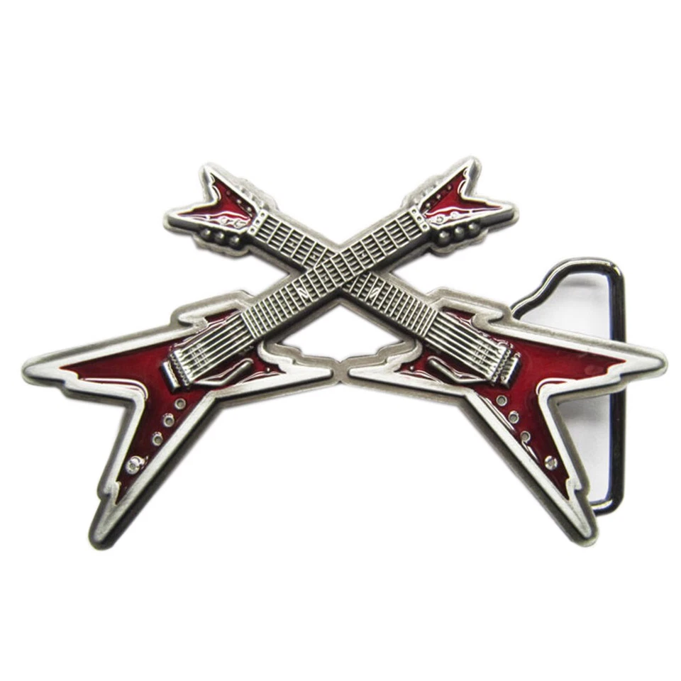 Crossed Electric Guitars Heavy Metal Rock & Roll Music Red Enamel Belt Buckle - Image 1 of 1