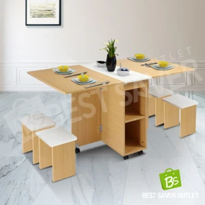 Dining Table Wooden Foldable Kitchen Living Room Furniture w/4 Chairs White&Oak - Picture 1 of 12