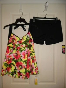 NWT Ujena Women's Size 1X Tankini Swimsuit Black MultiColor Boy Shorts Slimming - Picture 1 of 5