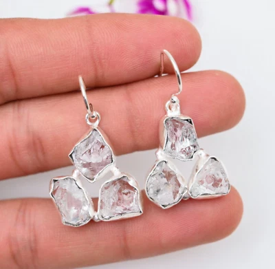 Dainty Clear Quartz Gemstone Earrings 925 Sterling Silver Handmade Jewelry Gift - Image 1 of 4