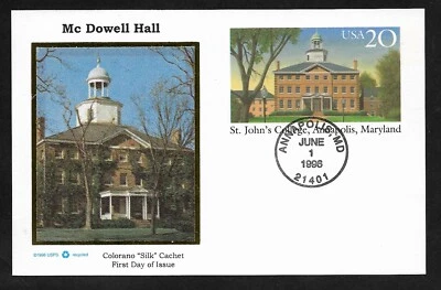 #UX262 20c  ST. Johns College -McDowell Hall -Postal Card- Colorano "Silk" FDC - Image 1 of 2