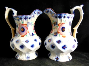 PAIR ANTIQUE GAUDY WELSH PICTHER-SINGLE ROSE DECORATION FLOW BLUE WITH GOLD - Picture 1 of 12
