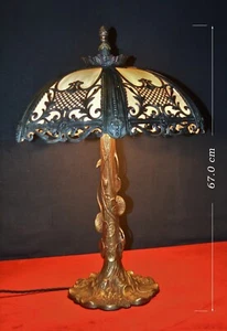 Antique Slag Glass Table Lamp Bradley & Hubbard Style 6 Panel 3 Light A & Crafts - Picture 1 of 23