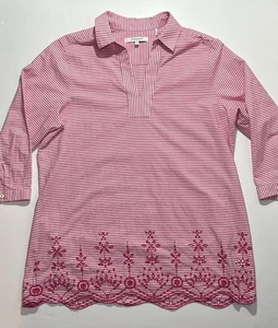Foxcroft V Neck 3/4 Sleeve Striped Blouse w/ Embroidery, Size 16, Pink/White - Picture 1 of 4