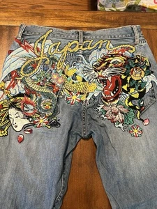 RARE Ed Hardy Japan Tiger Dragon Floral Tattoo Jeans Mens Size 32×32 Distressed - Bild 1 von 8