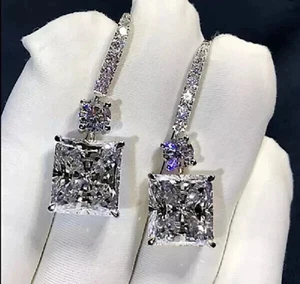 4Ct Princess Cut Lab Created Diamond Drop & Dangle Earrings 14K White Gold Over - Picture 1 of 6