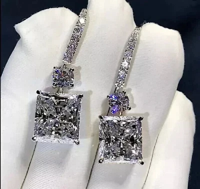 4Ct Princess Cut Lab Created Diamond Drop & Dangle Earrings 14K White Gold Over - Image 1 of 4