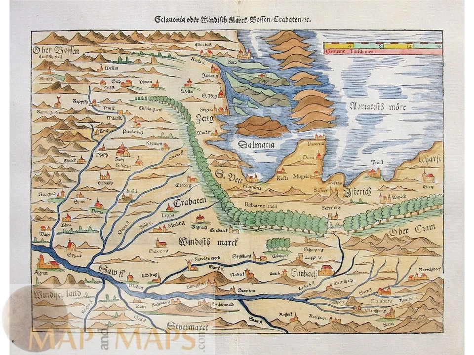 Mapa antigo da Eslovênia Croácia Münster 1552 | Dalmácia e Esclavônia - Imagem 1 de 1