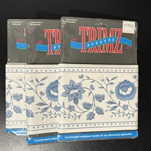 PREPASTED WALLPAPER BORDER Blue and White Floral 3 Packs 15’ x 6” Each Trimz - Picture 1 of 4