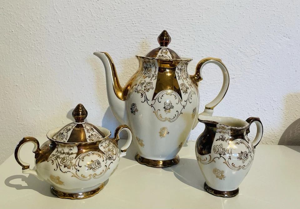 Bareuther Bavaria Sehr schöne alte Kaffeekanne + Milch und Zucker - Rosendekor - Bild 1 von 4