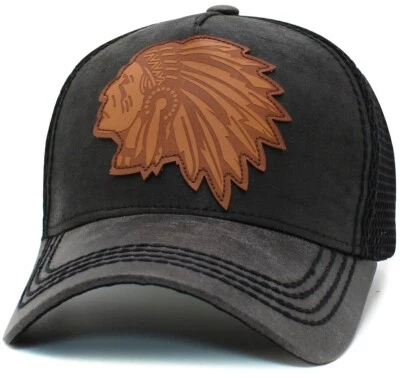 Native American Big Chief Mesh Back Trucker Style Cap Black Hat by KB Ethos - Image 1 of 3