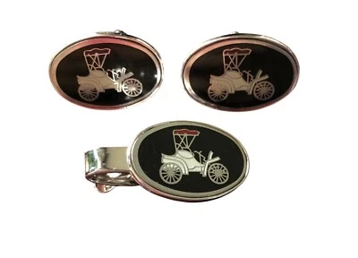 Gemelos vintage coche clásico esmalte negro tono plata gemelos y clip de corbata Foto 1 de 4
