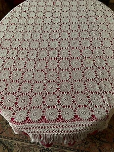 Nappe carrée ancienne en fil de coton faite main époque Art déco 124 cm x 124 cm - Imagen 1 de 6