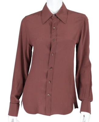 SAINT LAURENT 2021 Dusty Chestnut Brown Silk Crepe Collared Blouse 36 - Image 1 of 4