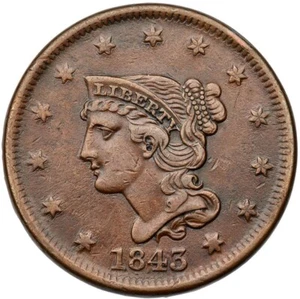 1843 N-4 R-1 ANACS VF 35 Petite Head Lg Letters Braided Hair Large Cent Coin 1c - Picture 1 of 3