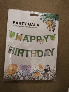 Paquete de decoraciones de fiesta de pancarta de feliz cumpleaños de animales salvajes - Imagen 1 de 2