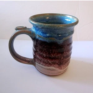 Taza de café de cerámica hecha a mano azul marrón cerámica esmaltada 12 oz marca de artista melocotón - Imagen 1 de 6