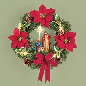 Beautiful LED Lighted Poinsettia & Pine Christmas Nativity Scene Door Wreath - Picture 1 of 2