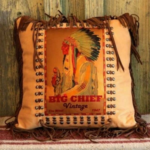 Antiqued Leather Fringe PILLOW 16" x 16" or 18" x 18" BIG CHIEF SERIES 4 Designs - Picture 1 of 8