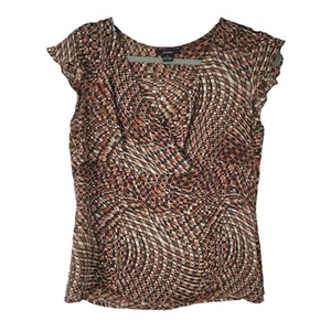 Alfani Silk Sz 8 Surplice Blouse Cap Sleeve Neutrals Wearable Art Brown Orange - Picture 1 of 5