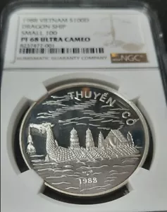 Moneda de plata Vietnam 1988 100 Dong NGC PF 68 UC Dragon Ship pequeña 100 - Imagen 1 de 2