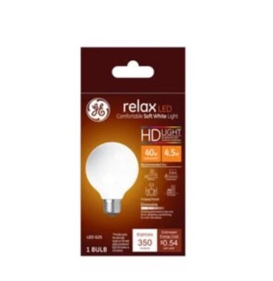 GE Relax LED Light Bulbs 40 Watt Soft White HD Dimmable Bulbs LED G25 New In Box - Image 1 of 3
