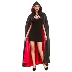 Mantello lungo raso rosso mantello donna DELUXE vedove con cappuccio Halloween vestito fantasia cravatte - Foto 1 di 3