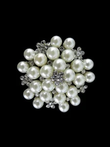 Vintage Inspired Womens Pearl Cluster Crystal Flower Brooch Wedding Party - Picture 1 of 3