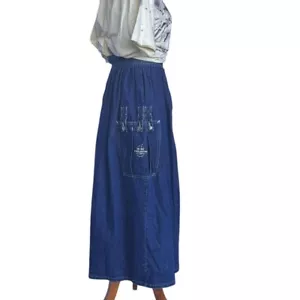 CORFU 1980s Vintage Denim Maxi Skirt 8 Heavy Cotton High Waist Pockets - Picture 1 of 8