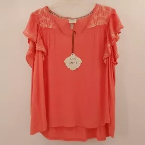 KNOX ROSE NWT Guava Jelly Top Size XXL Flutter Sleeve Embroidery Detail Boho - Picture 1 of 10