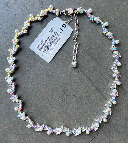 Collana Vintage Givenchy 15" Aurora Boreale Finta Perla Tono Argento Collare Etichette