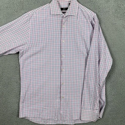 Hugo Boss Shirt Dress Men 16.5 34-35 White Pink Blue Plaid Regular Fit Button Up - Image 1 of 4