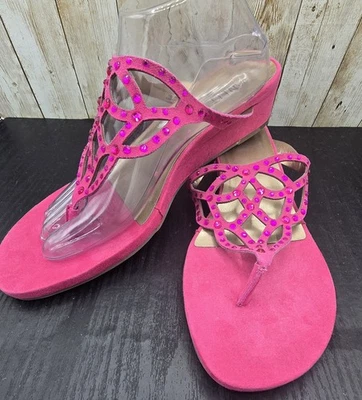 Vaneli Kate Barbie Hot Pink Suede Rhinestone Women's Wedge Heel Sandals Size 11M - Image 1 of 4