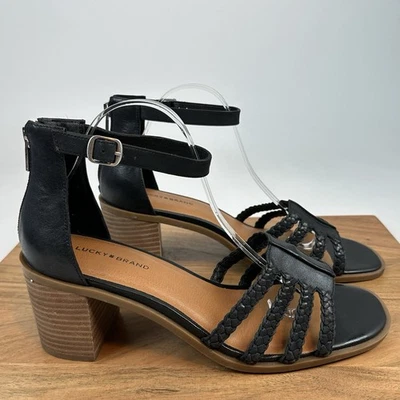 New Womens Lucky Brand Tasmina Black Leather Braided Sandals Block Heels Size 12 - Image 1 of 4