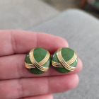 Vintage Round Gold Tone Green Enamel Earrings Green w Gold Earrings