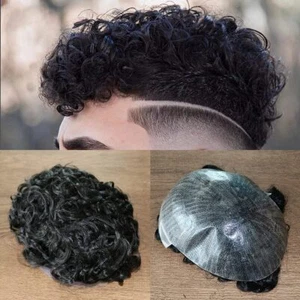 Afro Curly 6-8-10-15-20mm Mens Toupee Full Poly Skin Pu Hair System Replacement - Picture 1 of 27