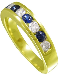 14K YELLOW GOLD ROUND CUT DIAMOND AND SAPPHIRE MEN'S BAND CHANNEL SET 1.00CTW - Picture 1 of 4