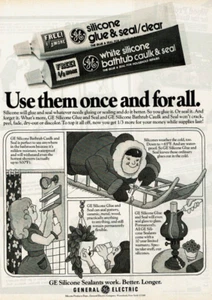 1977 Vintage Print Ad GE Silicone Sealants Use them once and for all Glue & Seal - Picture 1 of 2
