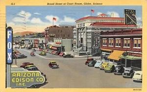 Broad St At Court House Vtg Cars Street Scene Globe,AZ Vtg 1947 Postcard - Picture 1 of 2